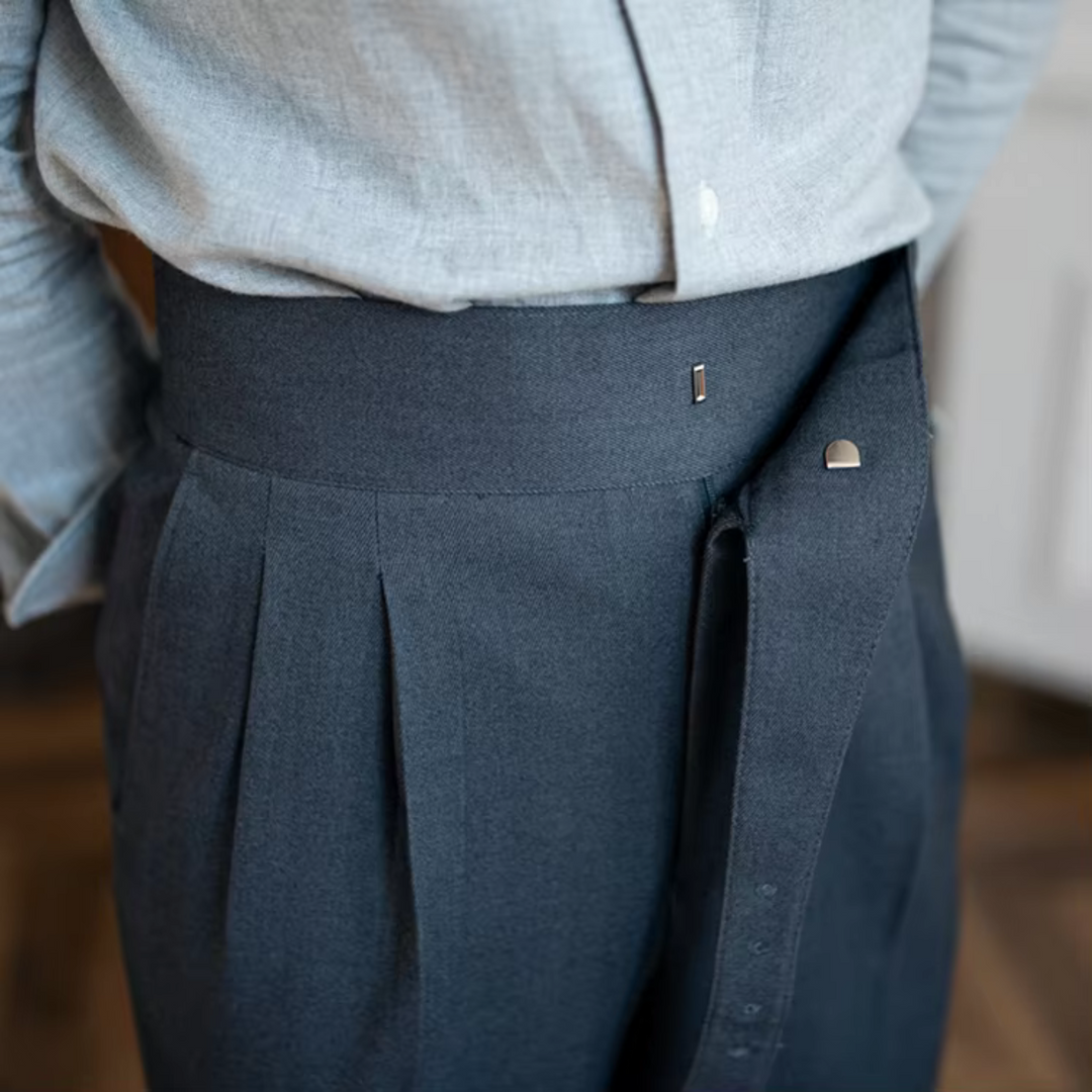 Pleated Wool Blend Trousers with Asymmetric Waistband