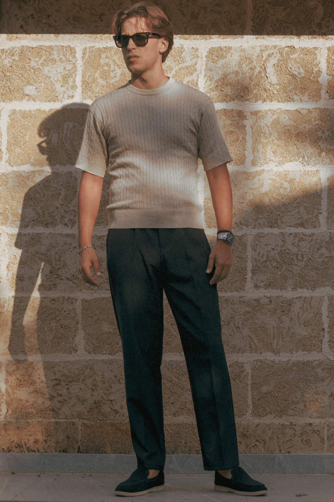 Leo Cable-Knit Short-Sleeve Shirt