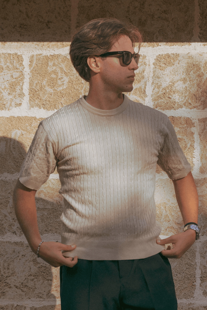 Leo Cable-Knit Short-Sleeve Shirt