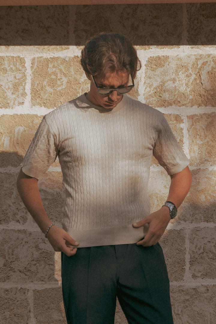 Leo Cable-Knit Short-Sleeve Shirt