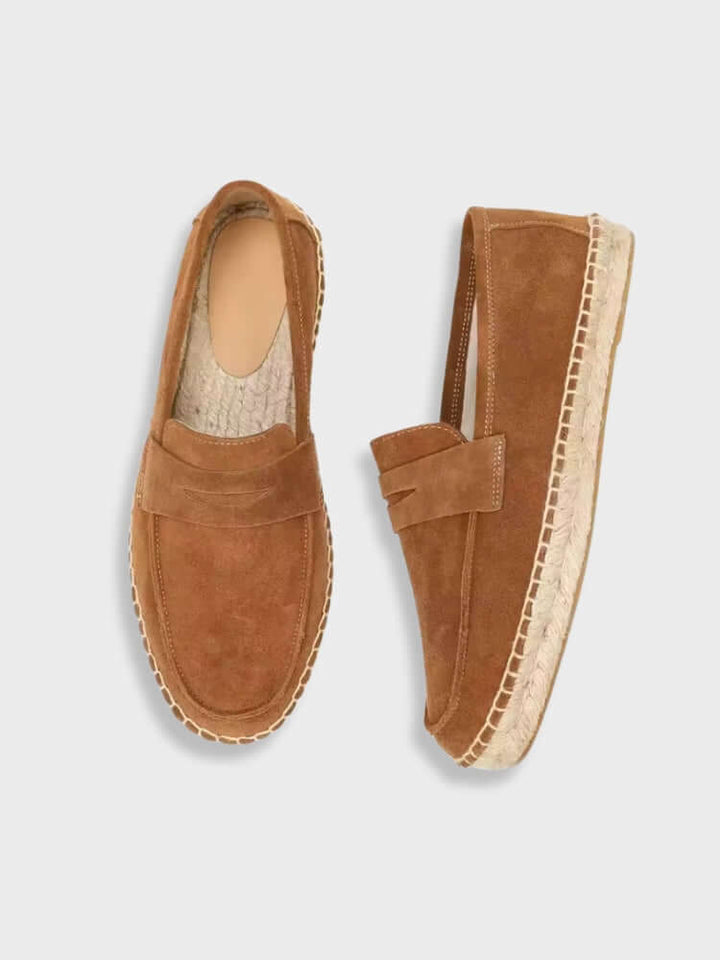 Chestnut Suede Penny Loafers with Woven Sole