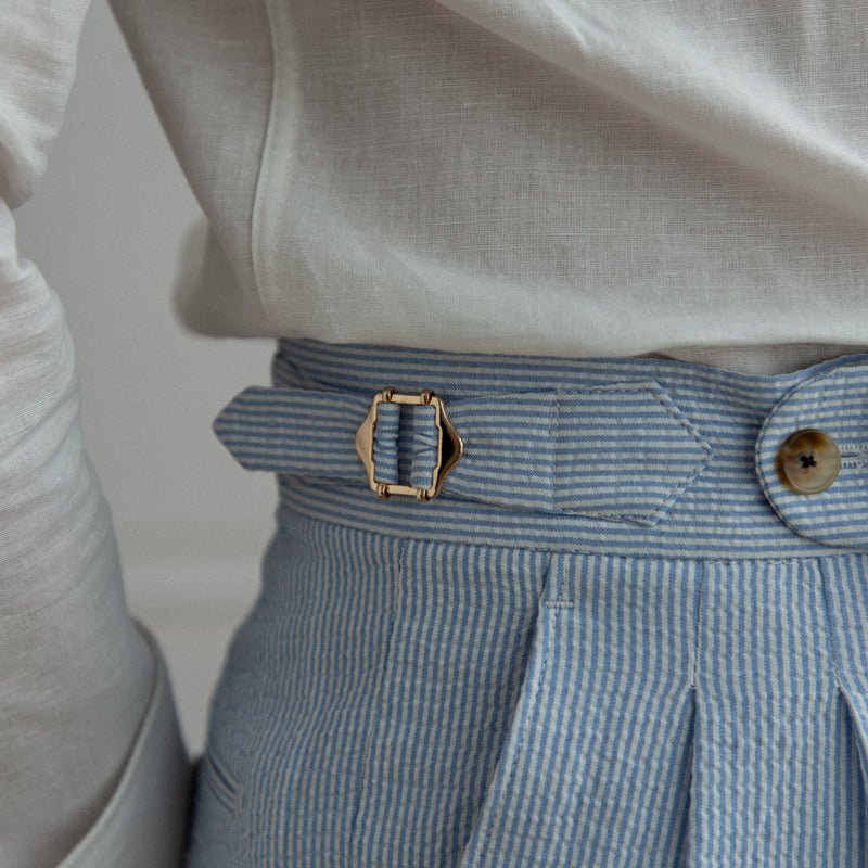High-Rise Pleated Seersucker Trousers