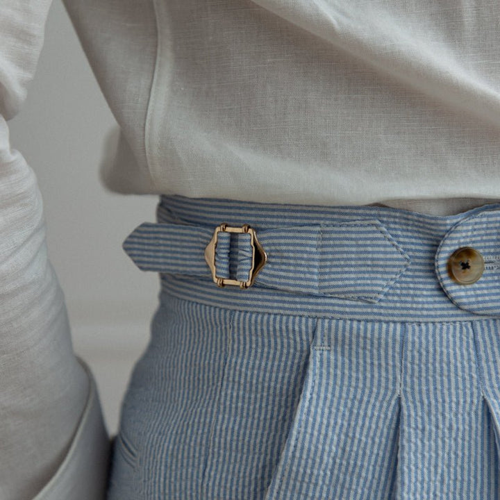 High-Rise Pleated Seersucker Trousers