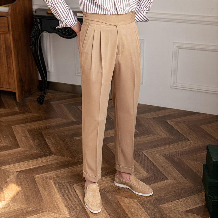 High-Waisted Double-Pleat Wool Blend Trousers