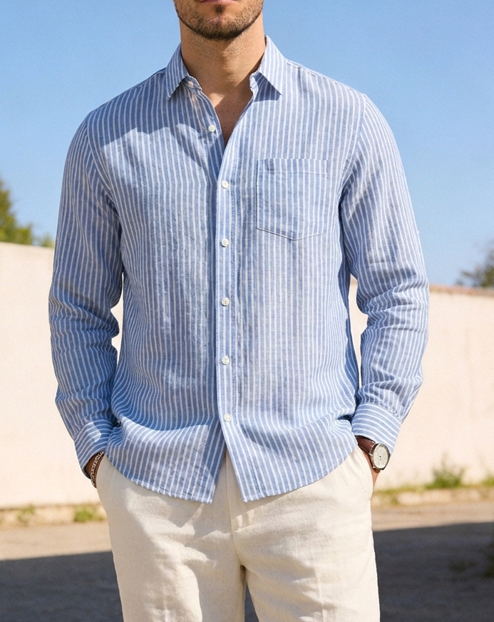 Blue Striped Linen Button-Down Shirt