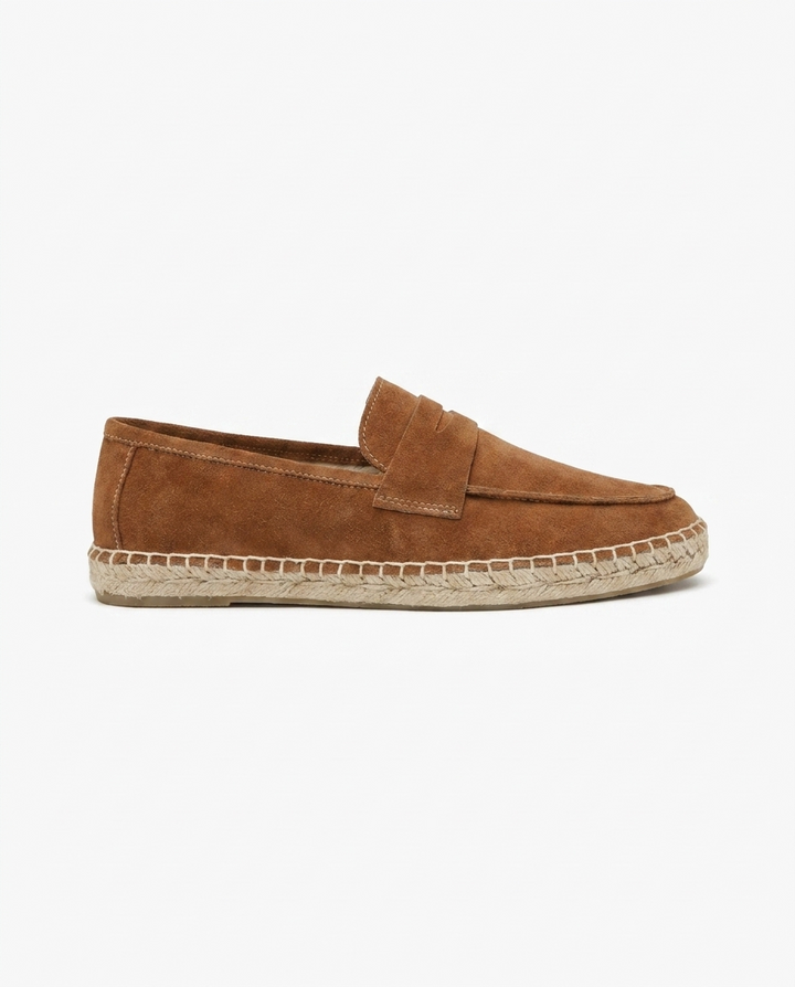 Chestnut Suede Penny Loafers with Woven Sole