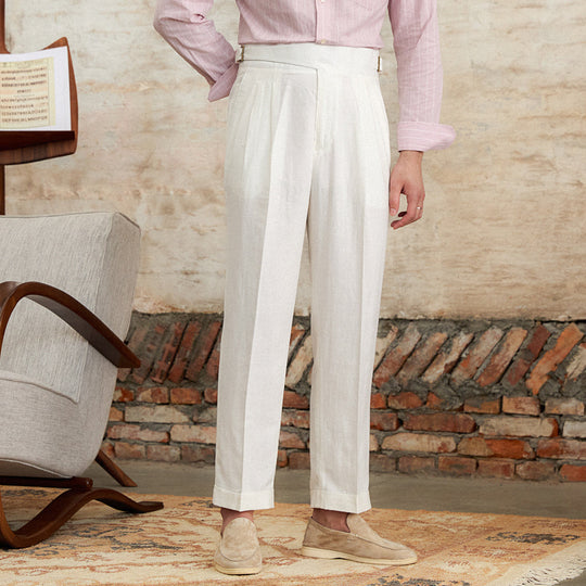 Linen Blend Double-Pleated Straight-Leg Trousers