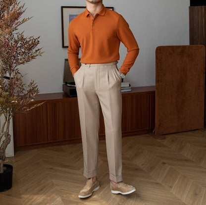 Long-Sleeve Textured Knit Polo Shirt - Cotton Blend Snap Placket, view 20