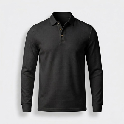 Long-Sleeve Textured Knit Polo Shirt - Cotton Blend Snap Placket, view 22
