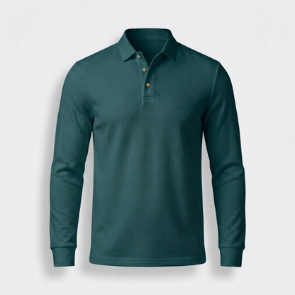 Long-Sleeve Textured Knit Polo Shirt - Cotton Blend Snap Placket, view 5