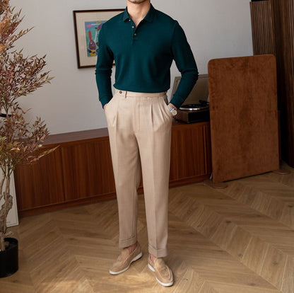 Long-Sleeve Textured Knit Polo Shirt - Cotton Blend Snap Placket, view 8