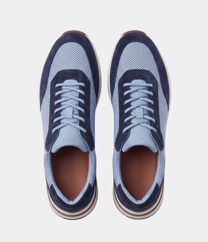 Men’s Baby Blue Suede & Mesh Low Top Walking Sneakers with White Sole, view 4