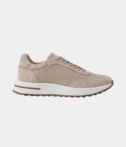 Men’s Beige Suede & Mesh Low Top Walking Sneakers with White Sole, House of Zeno