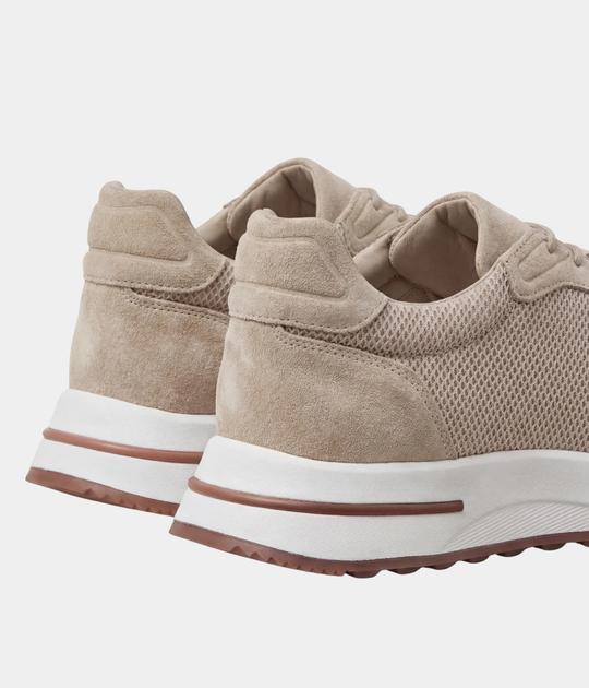 Men’s Beige Suede & Mesh Low Top Walking Sneakers with White Sole