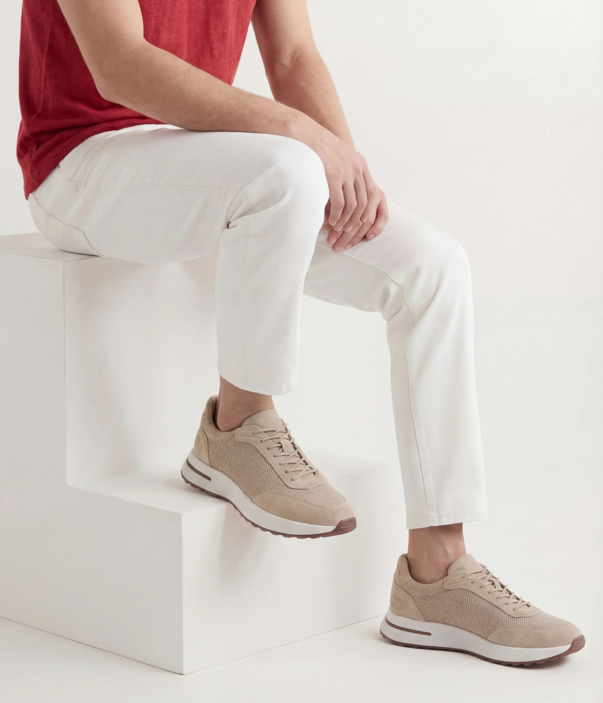 Men’s Beige Suede & Mesh Low Top Walking Sneakers with White Sole, view 4