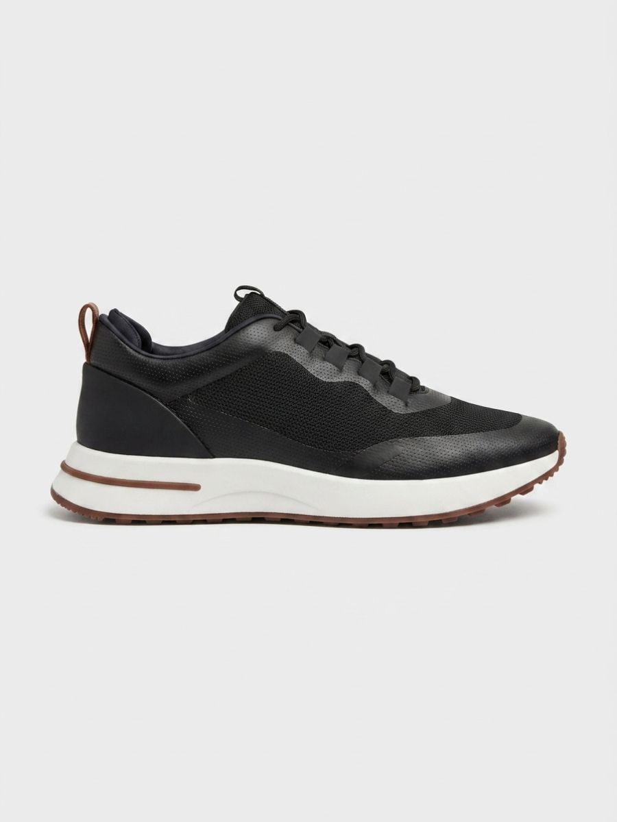 Men’s Black Fused Mesh Low Top Walking Sneakers with White Sole, House of Zeno
