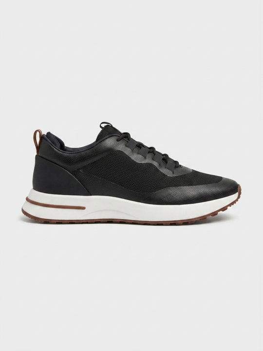 Men’s Black Fused Mesh Low Top Walking Sneakers with White Sole
