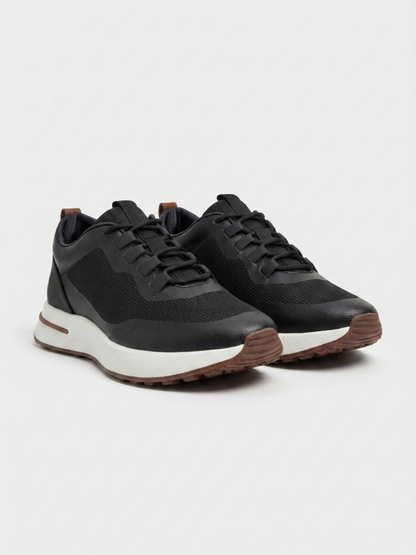 Men’s Black Fused Mesh Low Top Walking Sneakers with White Sole, view 2