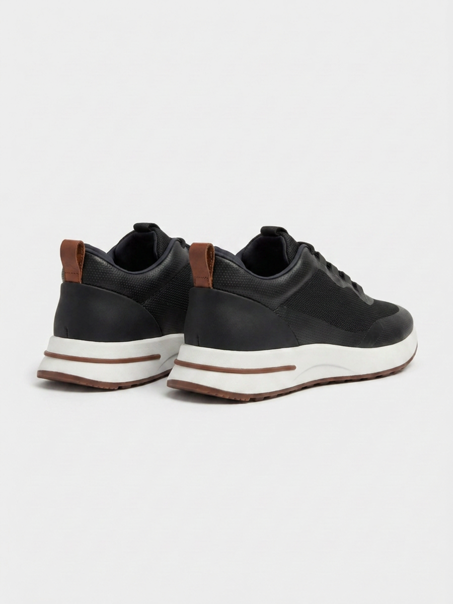 Men’s Black Fused Mesh Low Top Walking Sneakers with White Sole, view 3