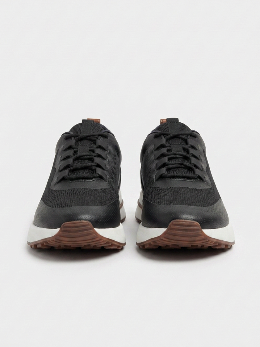 Men’s Black Fused Mesh Low Top Walking Sneakers with White Sole, view 4