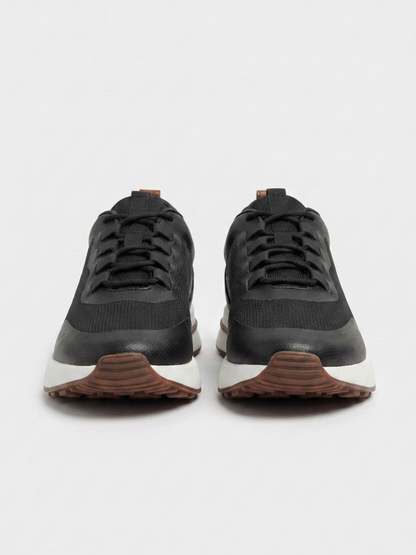 Men’s Black Fused Mesh Low Top Walking Sneakers with White Sole, view 4