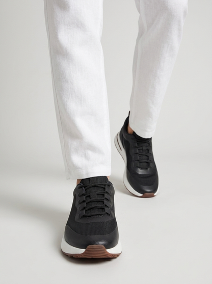 Men’s Black Fused Mesh Low Top Walking Sneakers with White Sole, view 5