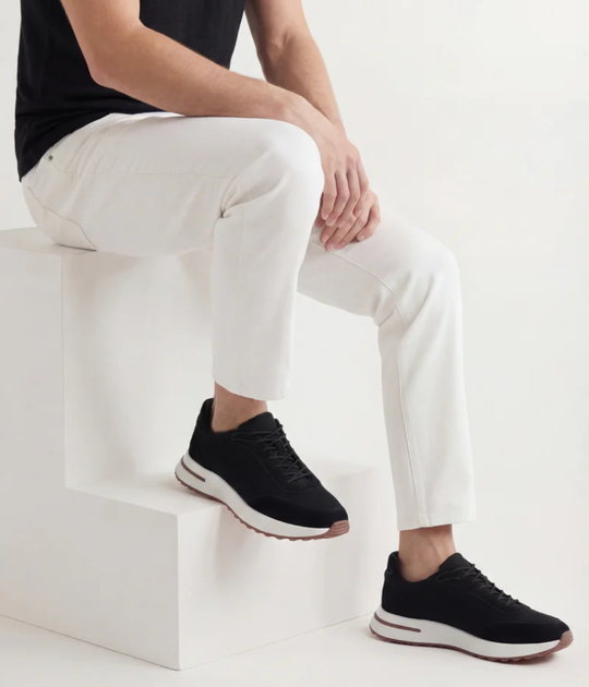 Men’s Black Suede & Mesh Low Top Walking Sneakers with White Sole