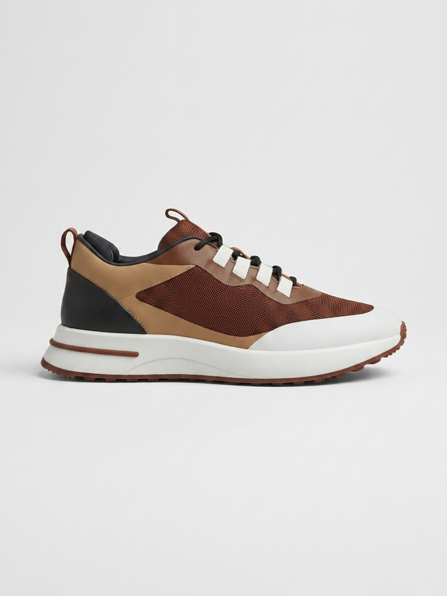 Men’s Brown & Black Fused Mesh Low Top Walking Sneakers with White Sole, House of Zeno