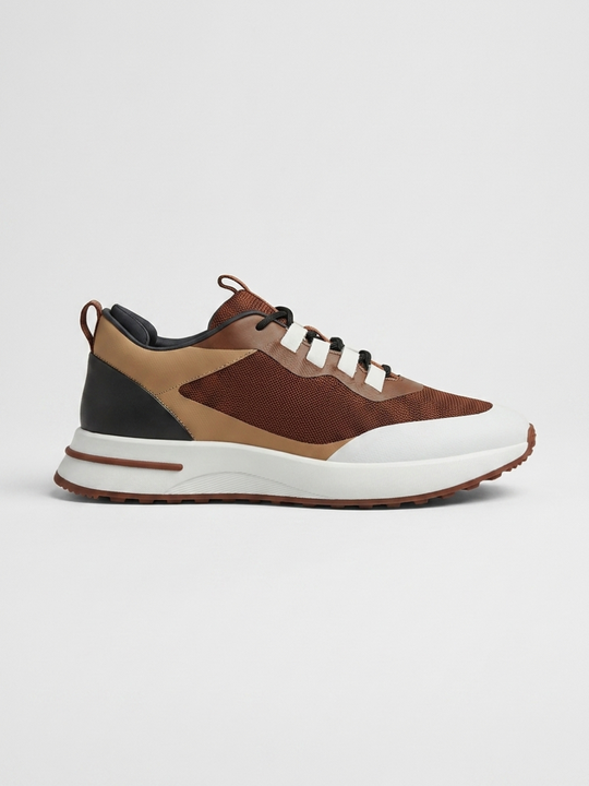 Men’s Brown & Black Fused Mesh Low Top Walking Sneakers with White Sole