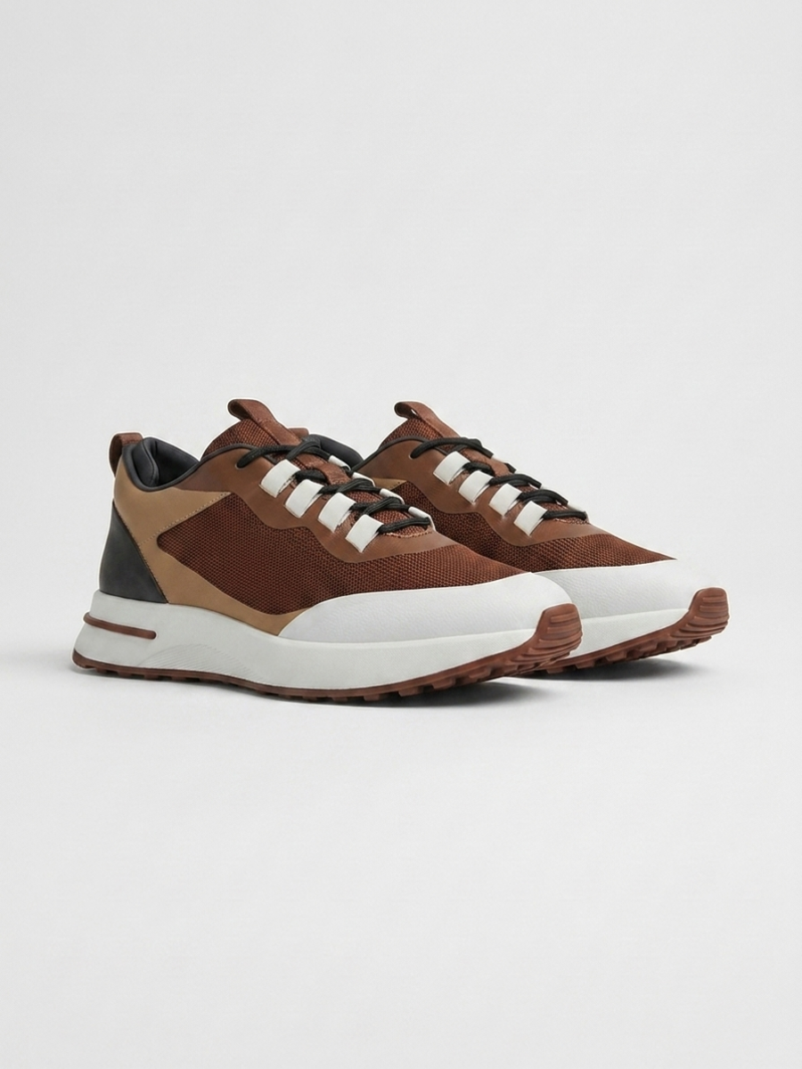 Men’s Brown & Black Fused Mesh Low Top Walking Sneakers with White Sole, view 2