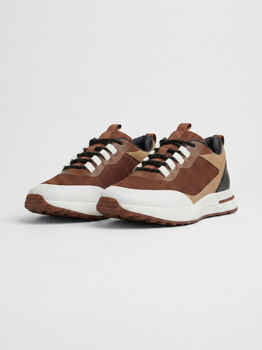 Men’s Brown & Black Fused Mesh Low Top Walking Sneakers with White Sole, view 3
