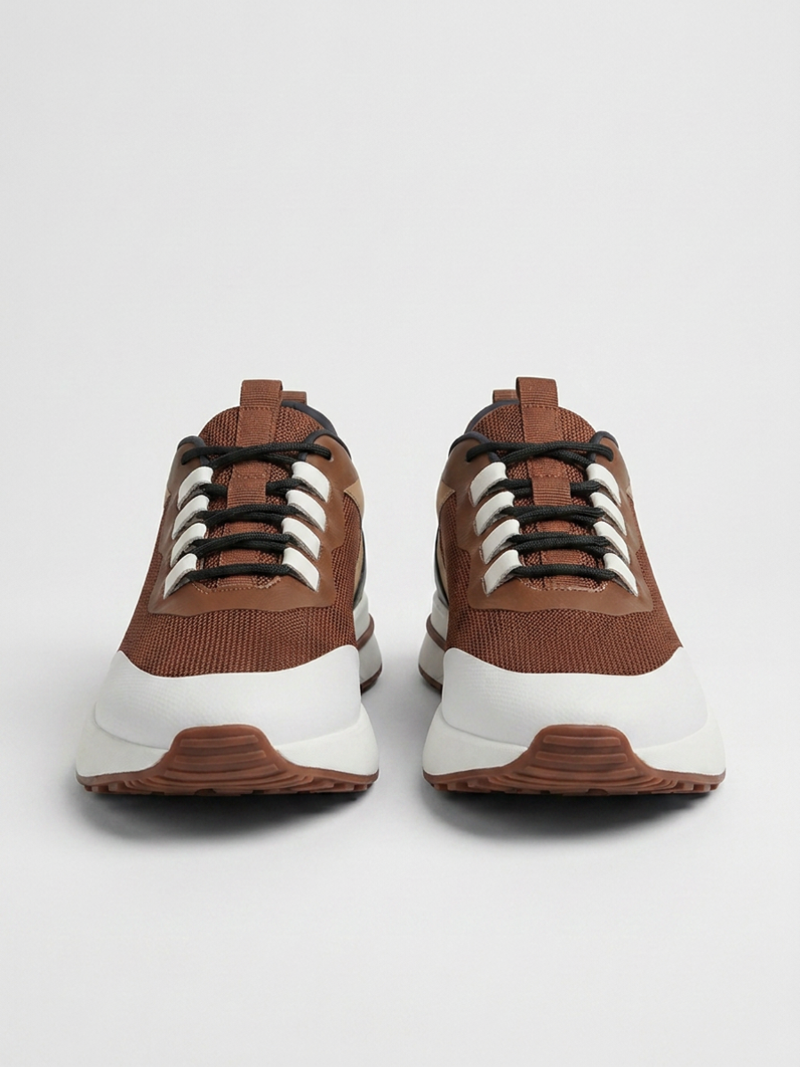 Men’s Brown & Black Fused Mesh Low Top Walking Sneakers with White Sole, view 5