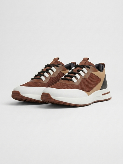 Men’s Brown & Black Fused Mesh Low Top Walking Sneakers with White Sole, view 6