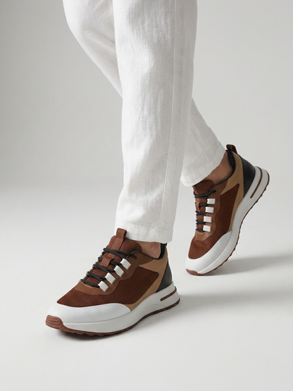 Men’s Brown & Black Fused Mesh Low Top Walking Sneakers with White Sole, view 7
