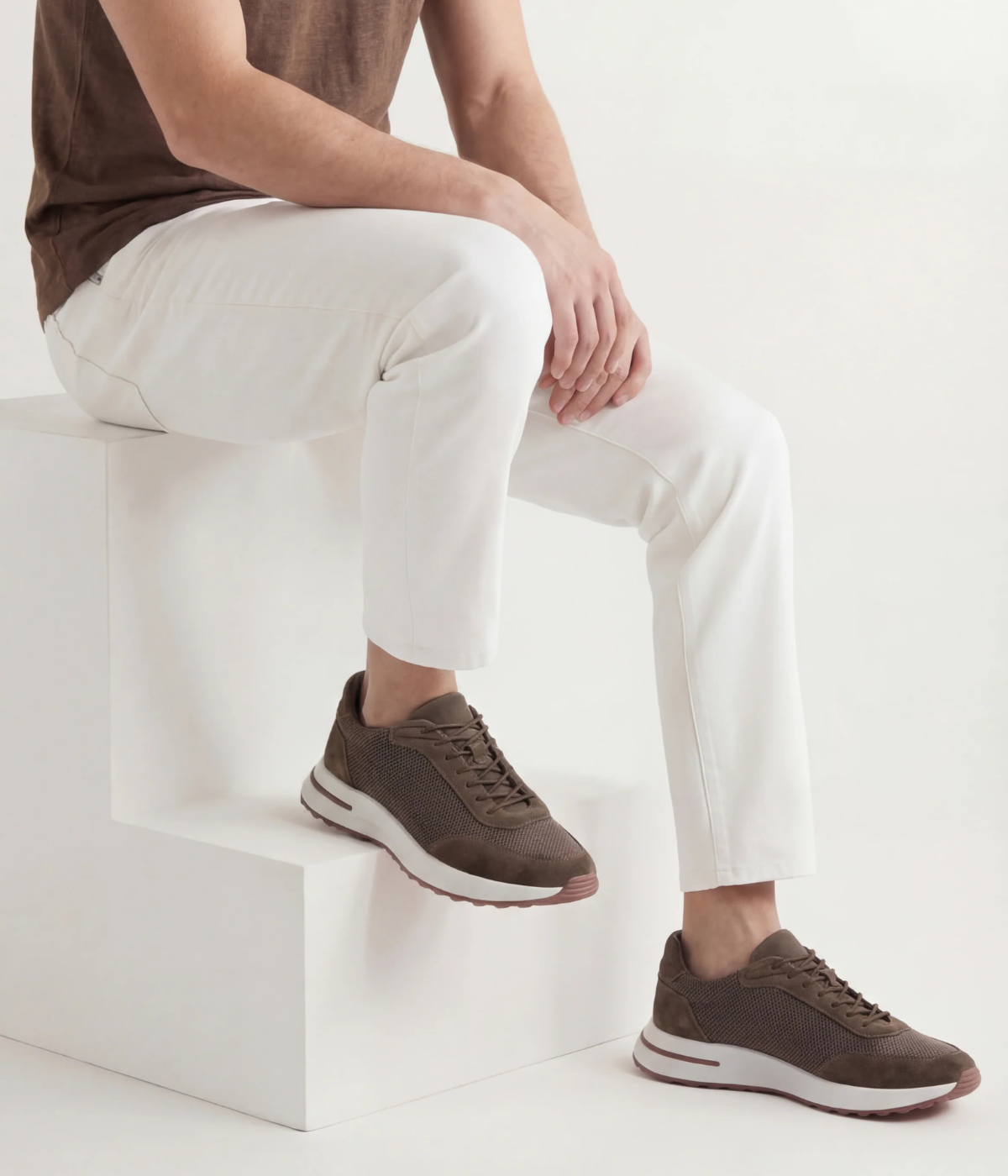Men’s Brown Suede & Mesh Low Top Walking Sneakers with White Sole, view 2