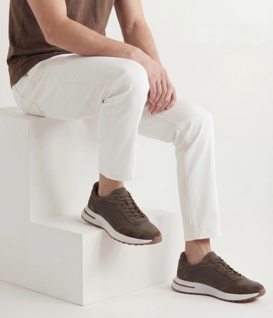 Men’s Brown Suede & Mesh Low Top Walking Sneakers with White Sole