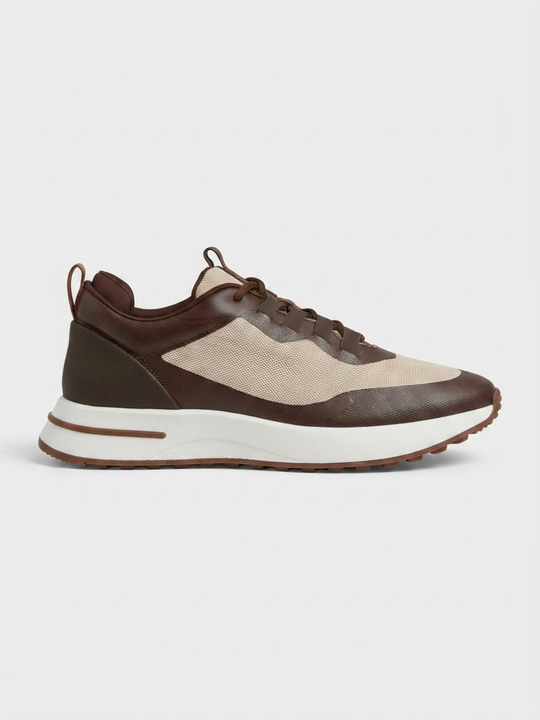 Men’s Chocolate & Beige Fused Mesh Low Top Walking Sneakers with White Sole