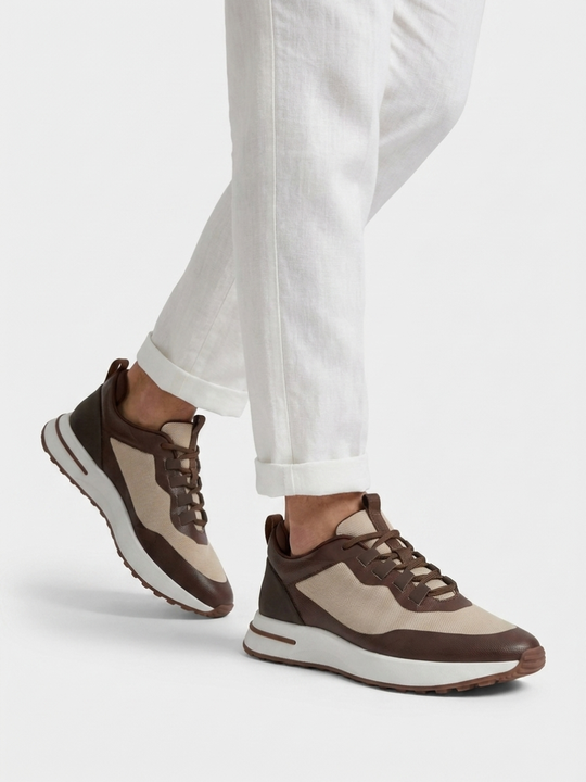 Men’s Chocolate & Beige Fused Mesh Low Top Walking Sneakers with White Sole