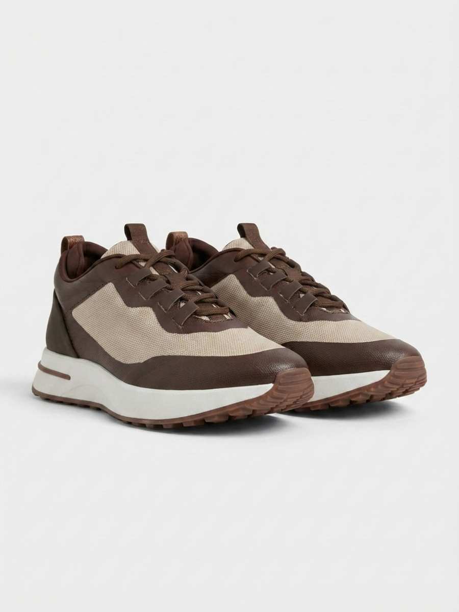 Men’s Chocolate & Beige Fused Mesh Low Top Walking Sneakers with White Sole, view 3