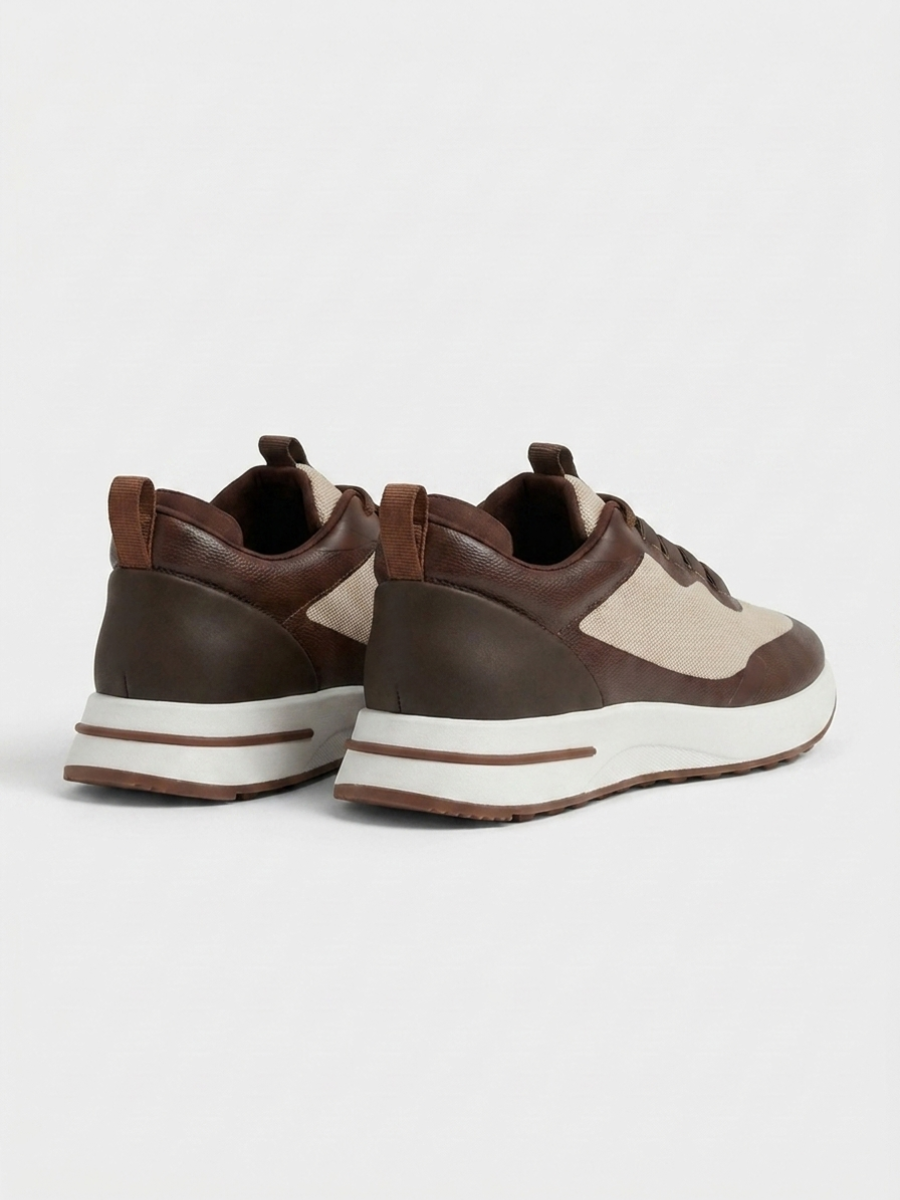 Men’s Chocolate & Beige Fused Mesh Low Top Walking Sneakers with White Sole, view 4