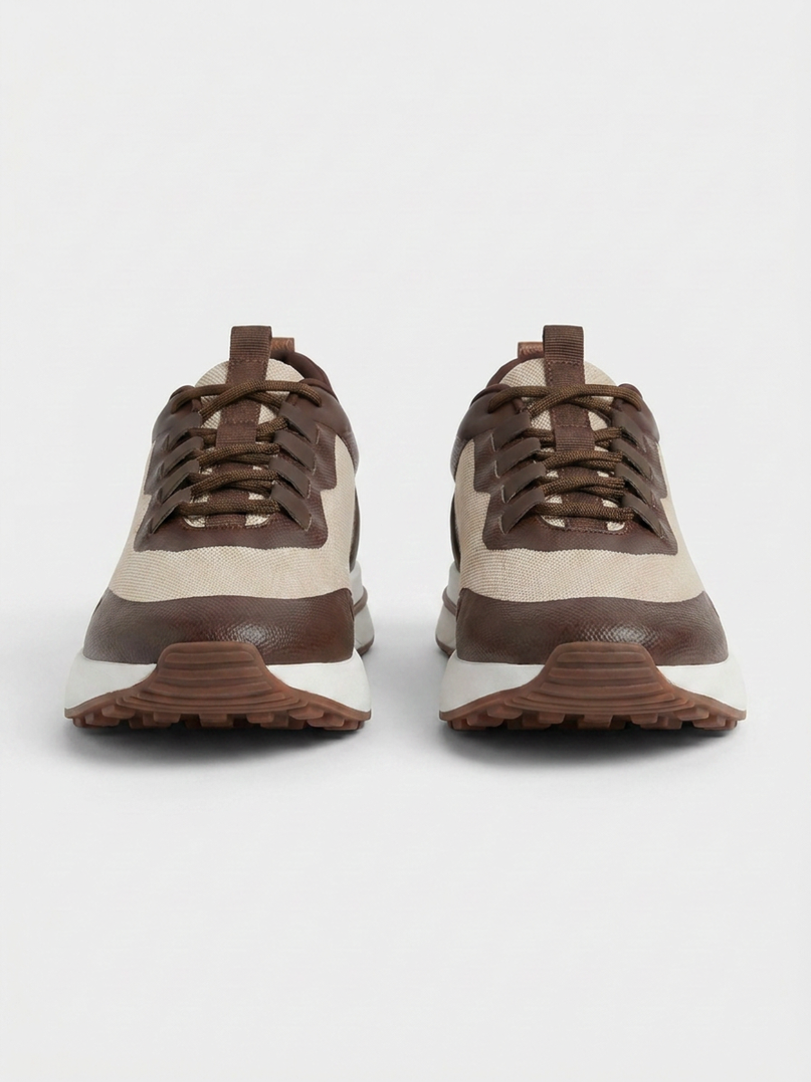 Men’s Chocolate & Beige Fused Mesh Low Top Walking Sneakers with White Sole, view 5