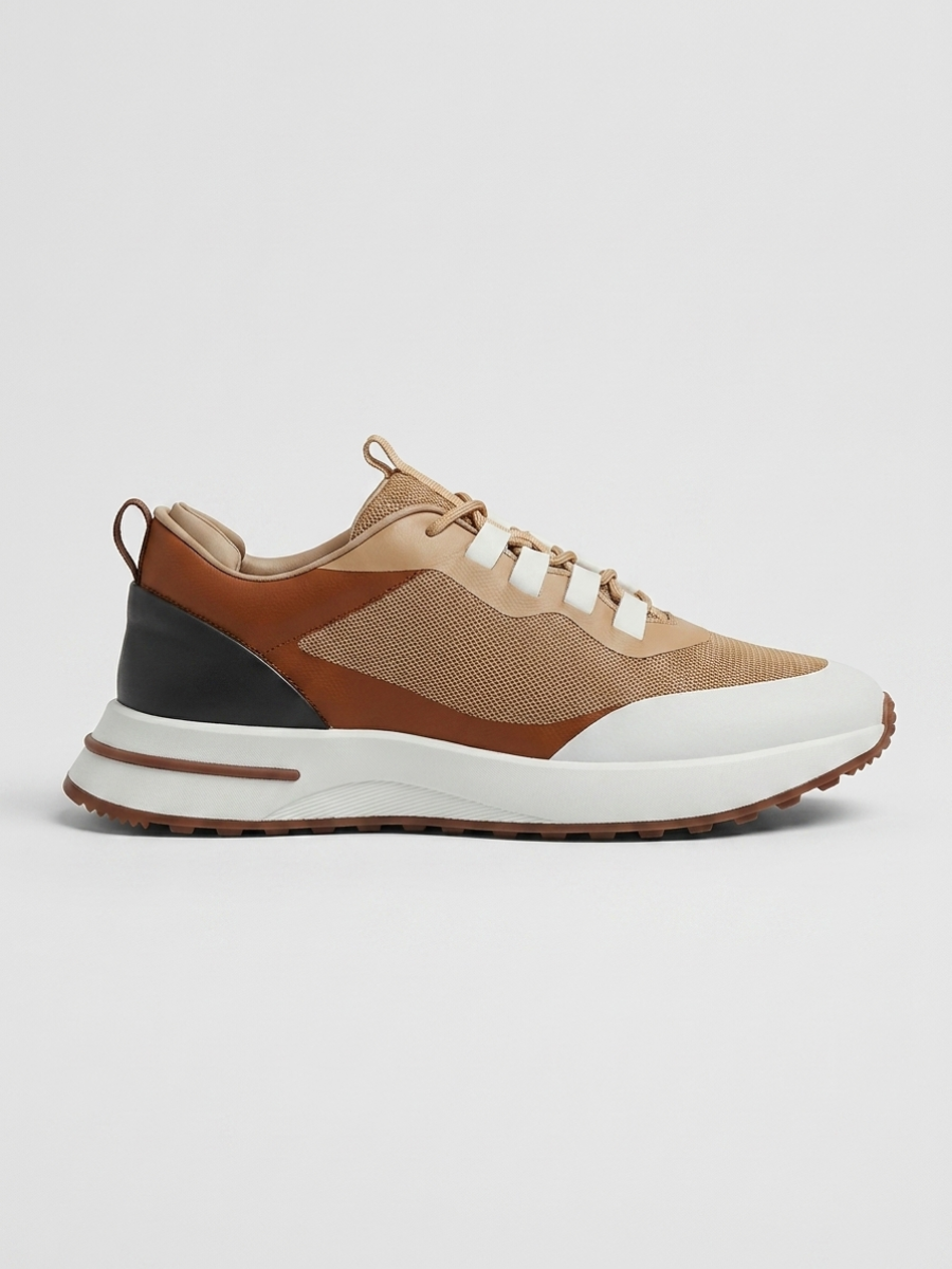 Men’s Cognac Fused Mesh Low Top Walking Sneakers with White Sole, House of Zeno