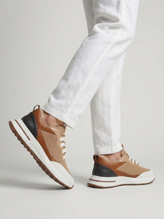 Men’s Cognac Fused Mesh Low Top Walking Sneakers with White Sole