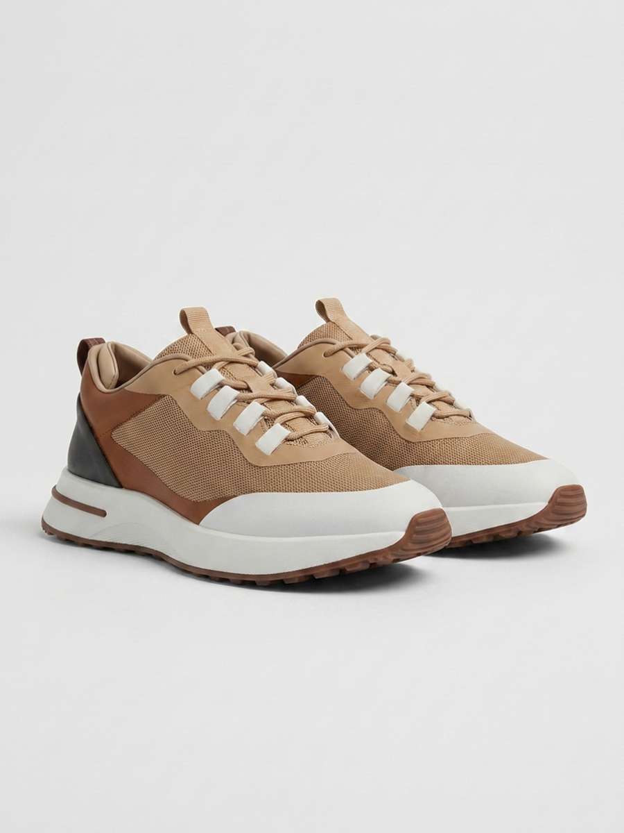 Men’s Cognac Fused Mesh Low Top Walking Sneakers with White Sole, view 3