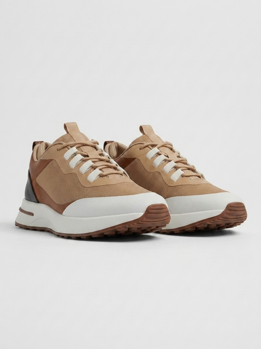 Men’s Cognac Fused Mesh Low Top Walking Sneakers with White Sole, view 6