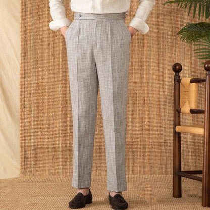 Men’s Linen Blend Pleated Trousers - Herringbone Straight Leg, House of Zeno