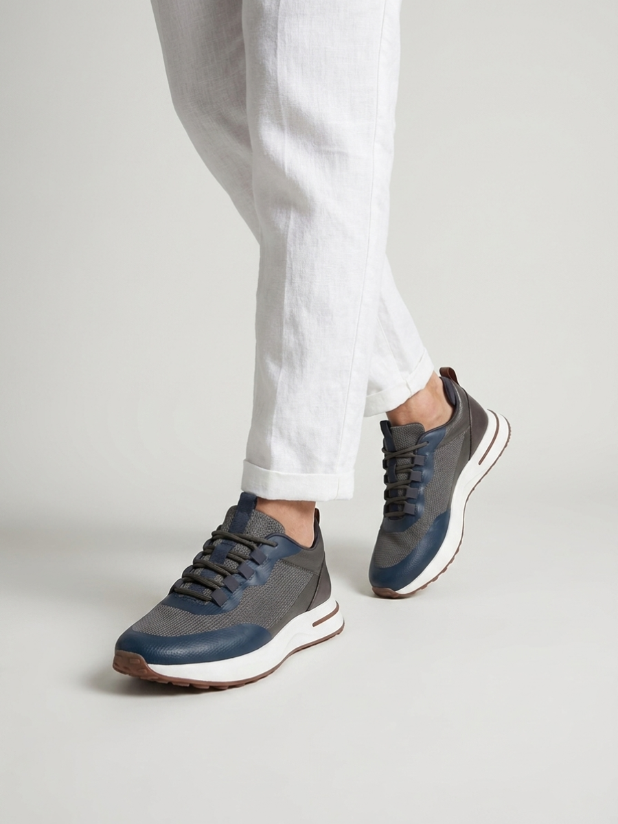 Men’s Navy & GrayFused Mesh Low Top Walking Sneakers with White Sole, view 2