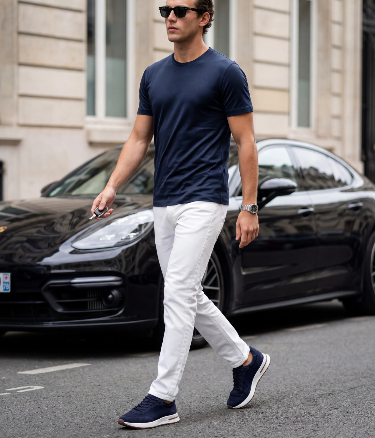 Men’s Navy Suede & Mesh Low Top Walking Sneakers with White Sole, view 6
