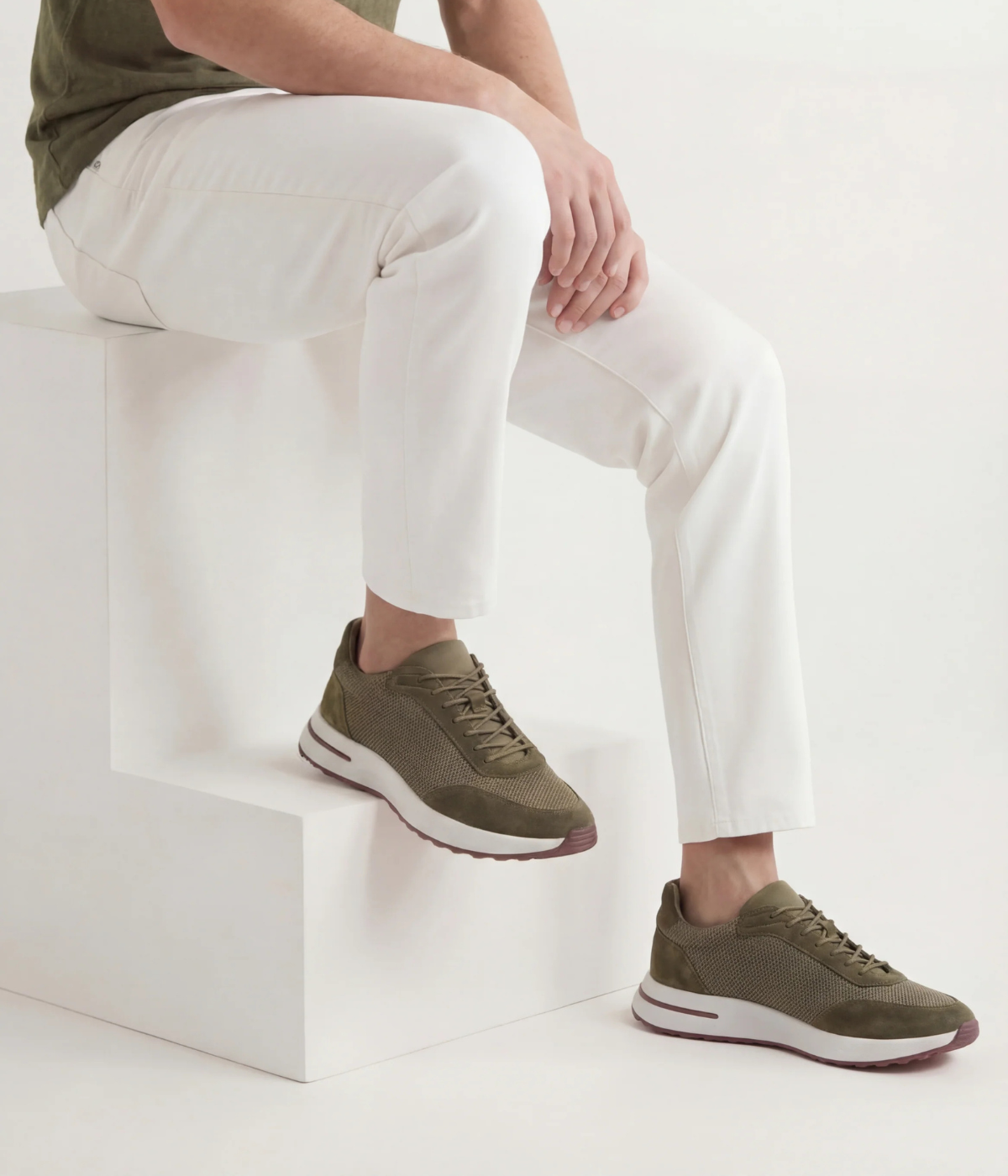 Men’s Olive Suede & Mesh Low Top Walking Sneakers with White Sole, view 2