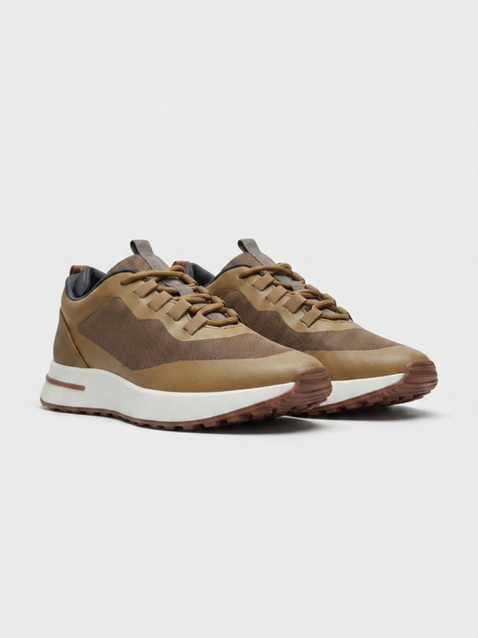 Men’s Taupe Fused Mesh Low Top Walking Sneakers with White Sole